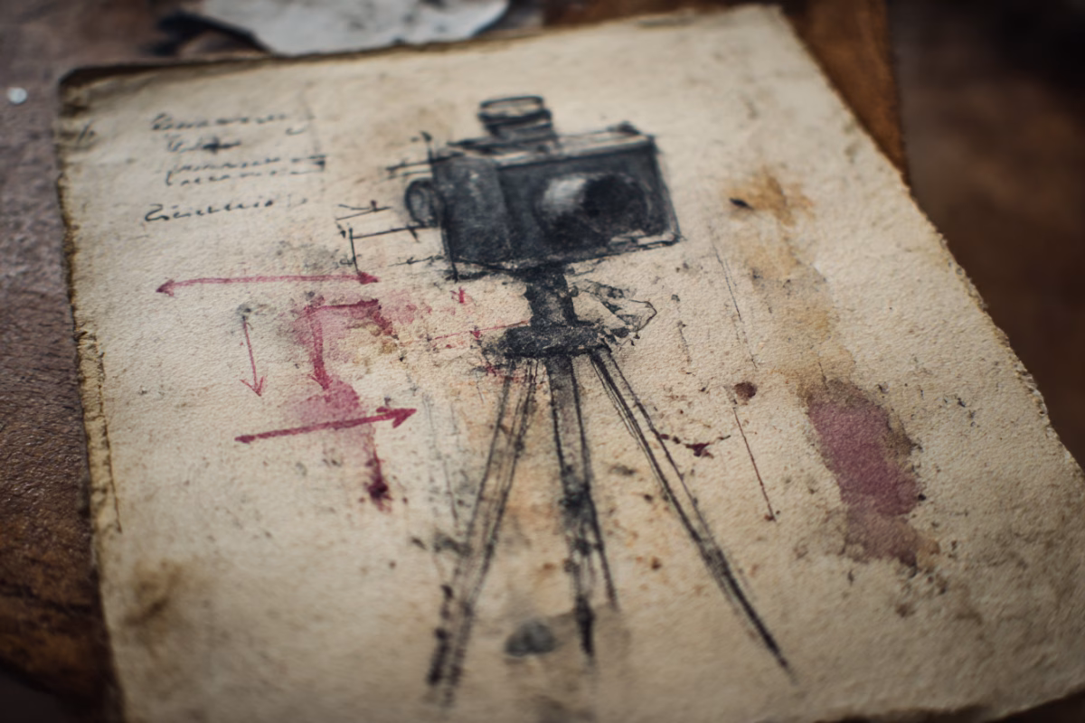 Illustration einer Retro-Kamera auf einem Stativ.