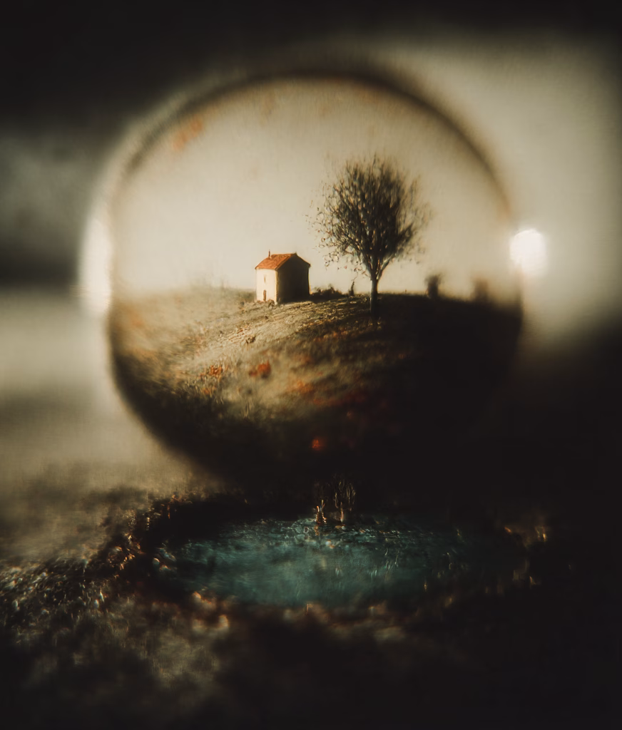 Sphärisch projizierte Landschaft mit kleinem Haus und Baum.