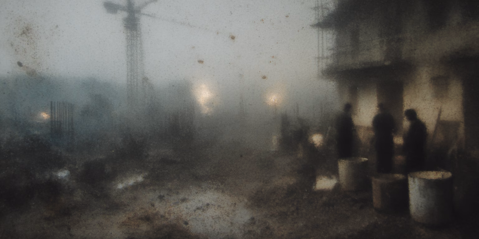 Verschwommene, körnige Ansicht einer Baustelle bei Nacht mit Silhouetten von Arbeitern und Kränen.