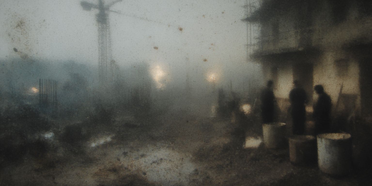 Verschwommene, körnige Ansicht einer Baustelle bei Nacht.