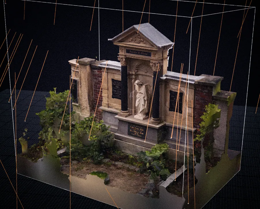 Fotogrammetrisches 3D-Modell eines historischen Grabmals in einer Softwareansicht mit Bounding Box.