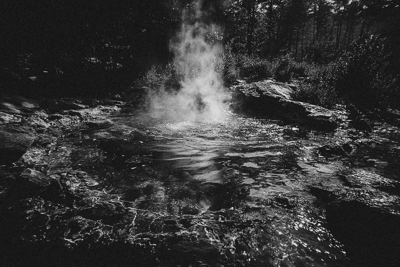 Eine dampfende Quelle in nächtlich-dunklem Wald, kontrastreiche Schwarz-Weiß-Aufnahme.