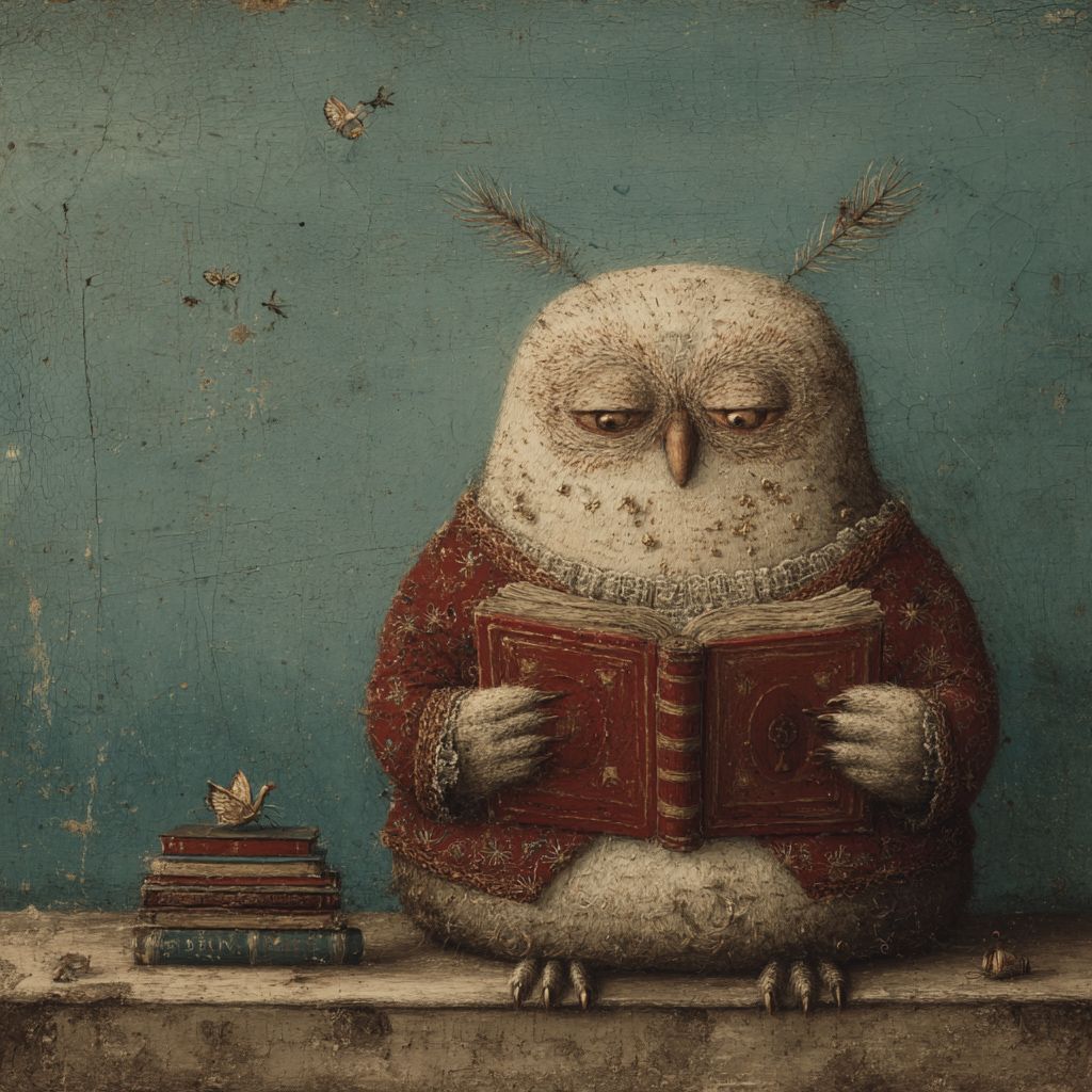 Anthropomorphe Eule in rotem Pullover liest Buch, Gemälde auf verwitterter Oberfläche.