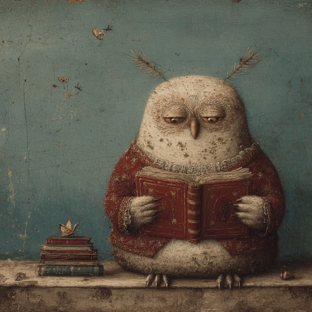 Anthropomorphe Eule in rotem Pullover liest Buch, Gemälde auf verwitterter Oberfläche.