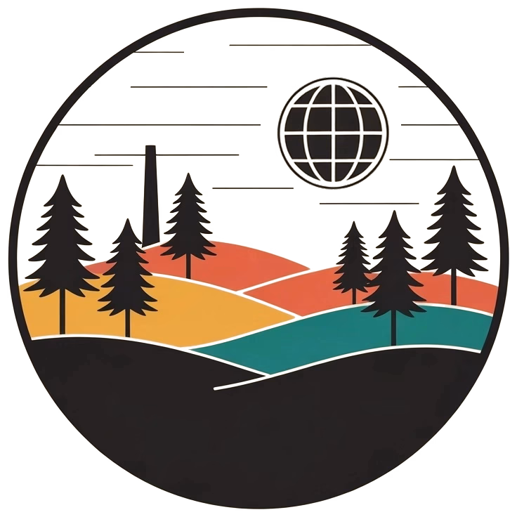 Stilisierte Landschaft mit bunten Hügeln, Nadelbäumen und Schornstein. Globus-Symbol am Himmel.